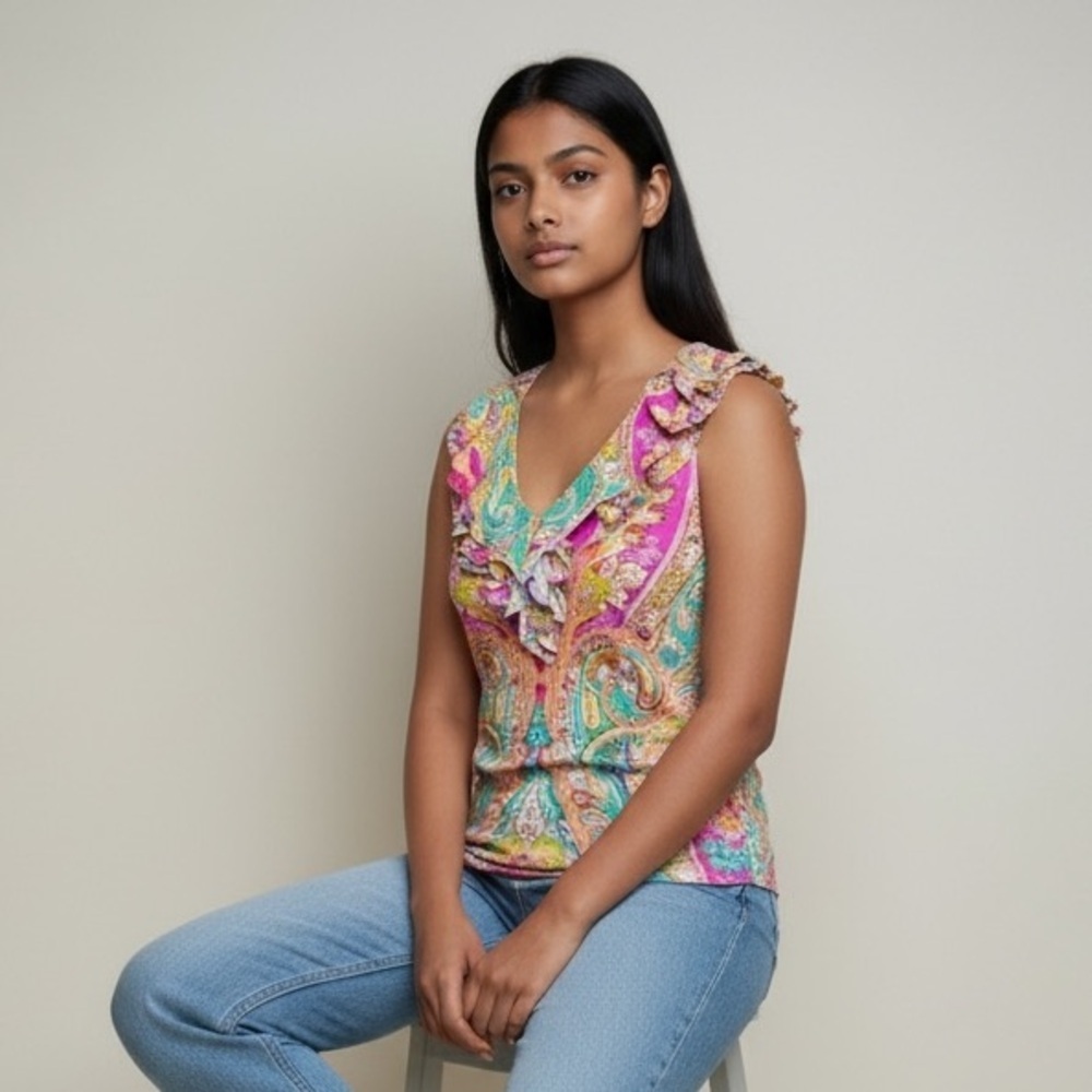 Lauren Ralph Lauren Paisley Ruffle Sleeveless Blouse. Multi Color Size S #1347 - Picture 1 of 6